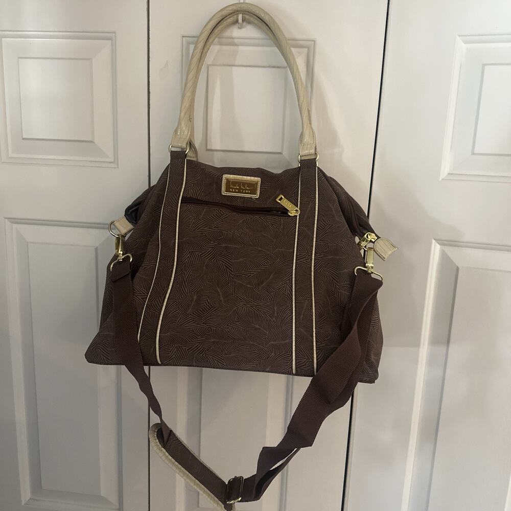 Nicki Nicole Miller Brown Beige Trim Weekender Bag Travel Duffel.